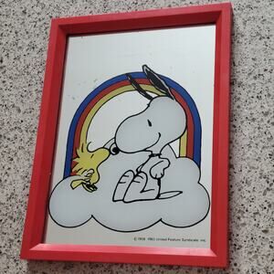 VTG Snoopy Woodstock Kissing Rainbow Cloud Mirror Red Framed Peanuts 1958 1965